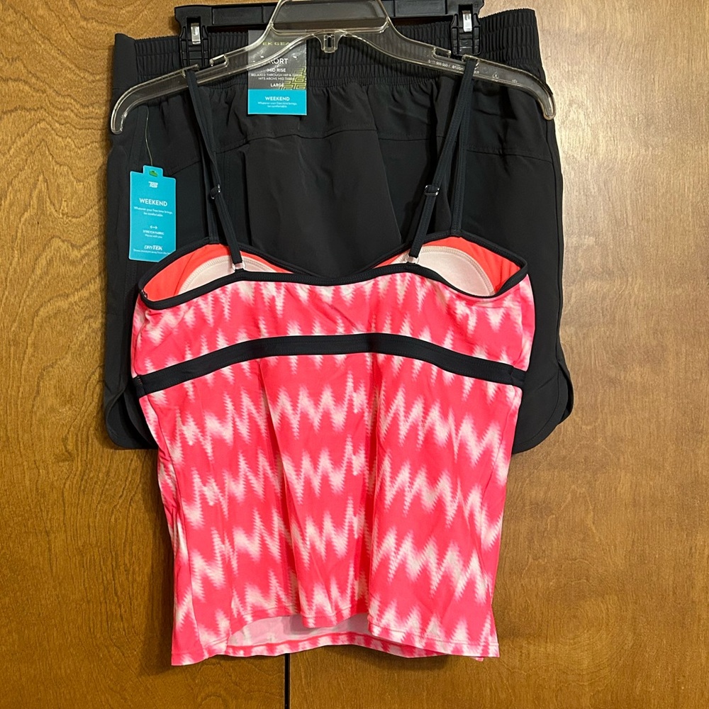 NWT Tek Gear grey swim skort w/zippered side pockets & elastic waist L bonus top - Picture 2 of 16